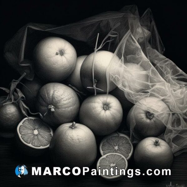 Many oranges sit in a black and white photograph in an opaque bag