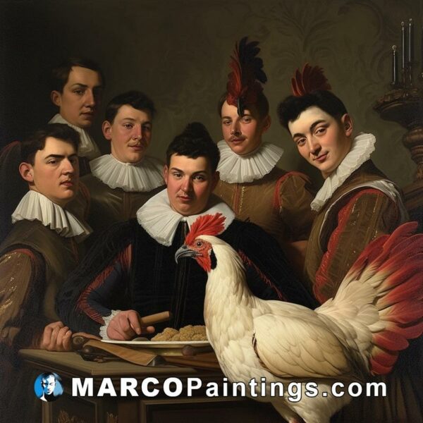 Men with paintings in front of a chicken