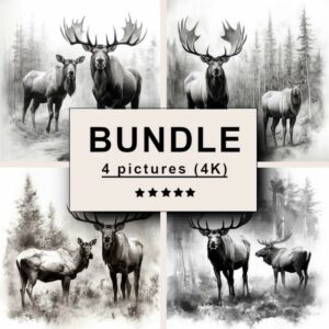 Moose and Elk Black White Draw Sketch Bundle