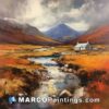 My painting of mountain scenery with a creek and croft