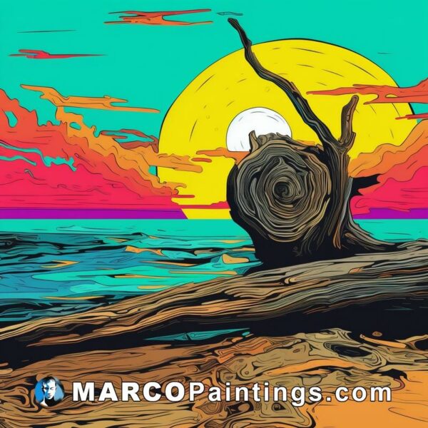 Ocean background illustration of beach log with sunset