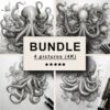 Octopus and Squid Black White Draw Sketch Bundle