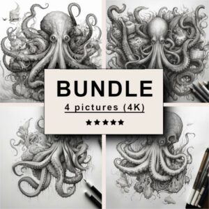 Octopus and Squid Black White Draw Sketch Bundle