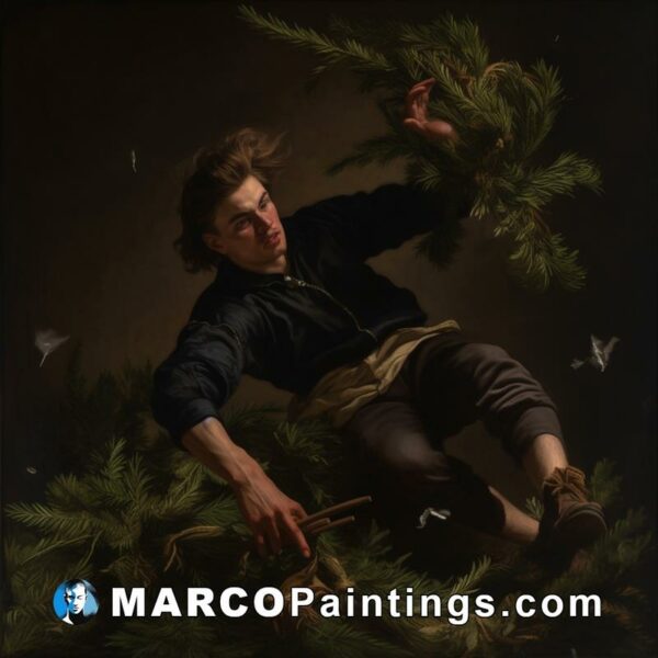 Oil on canvas painting depicts a man picking pine branches off the ground