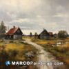 Oil on canvas painting of two houses on a dirt road