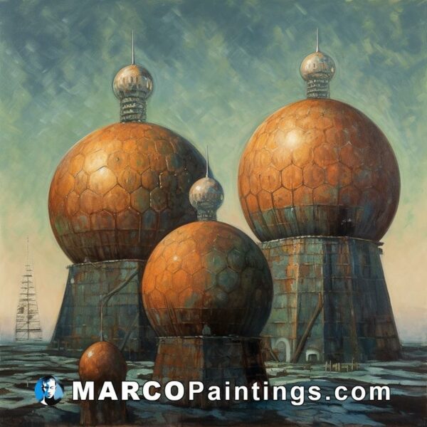 Oil on canvas sculpture of two domes and a submarine