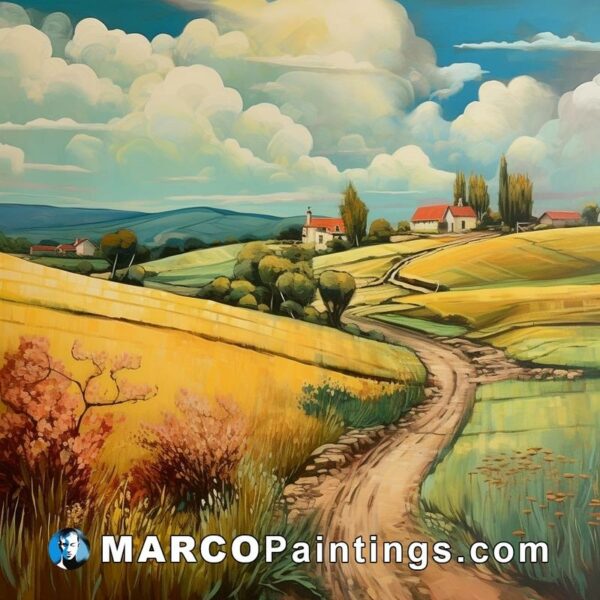 Oil painting of a road through beautiful countryside