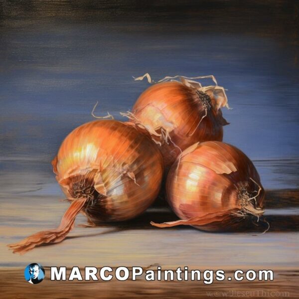 Oil painting of three onions on a table