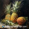 Oil painting of three pineapples on a tablecloth