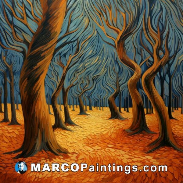 Orange paintings of trees in a dark winter road