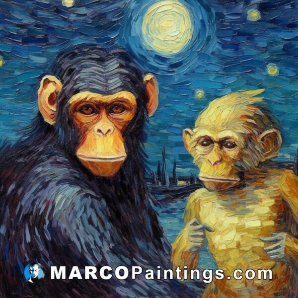 Painted a painting of two apes standing in the night