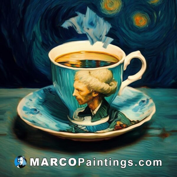 Painted coffee cup with a starry night in the background