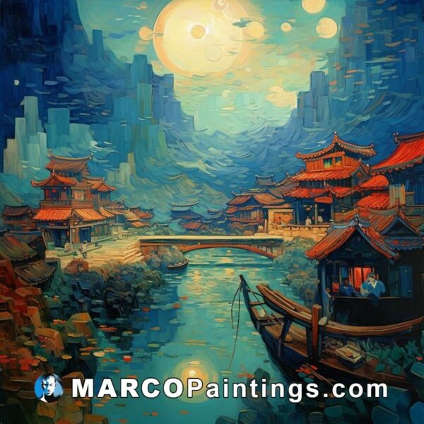 Painted image of a scene of an ancient chinese village