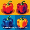 Painted peppers on four colorful squares