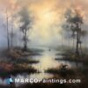 Painting by mark smith that shows a misty scene near a river