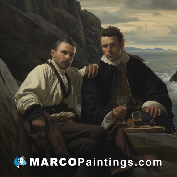 Painting by paul paterson showing two men sitting on a rocks with a bottle of wine
