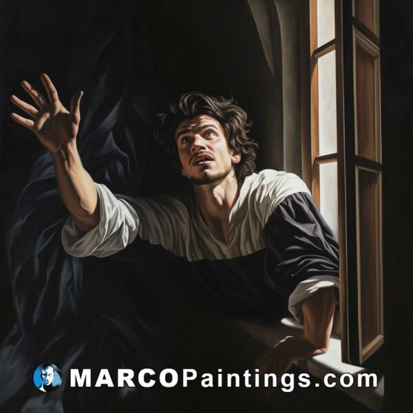 Painting depicts a man reaching out the window of the house