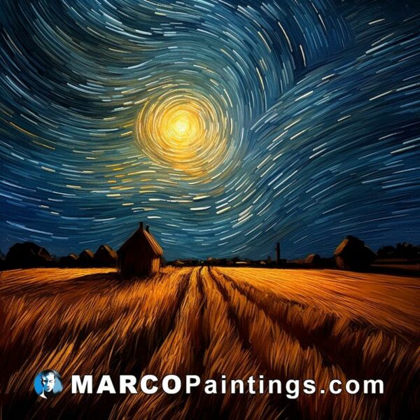 Painting illustration of starry night over a field of wheat