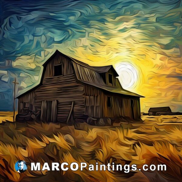 Painting of a barn with sunset