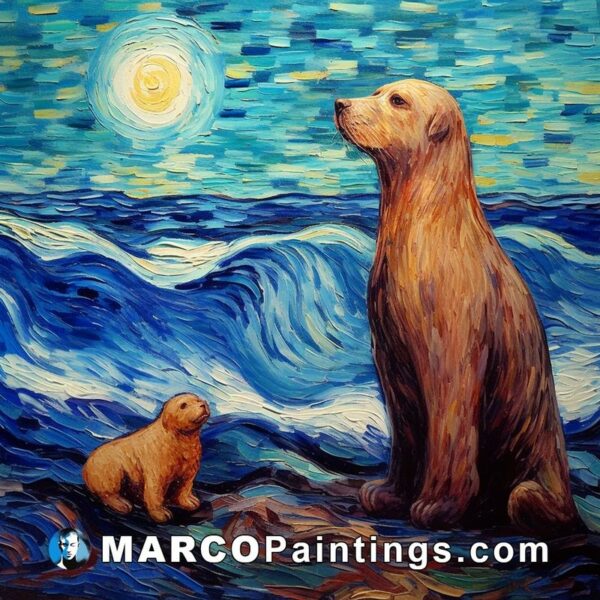 Painting of a bear on the beach against the moon
