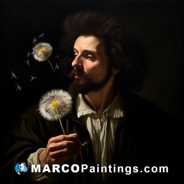 Painting of a bearded man holding a dandelion