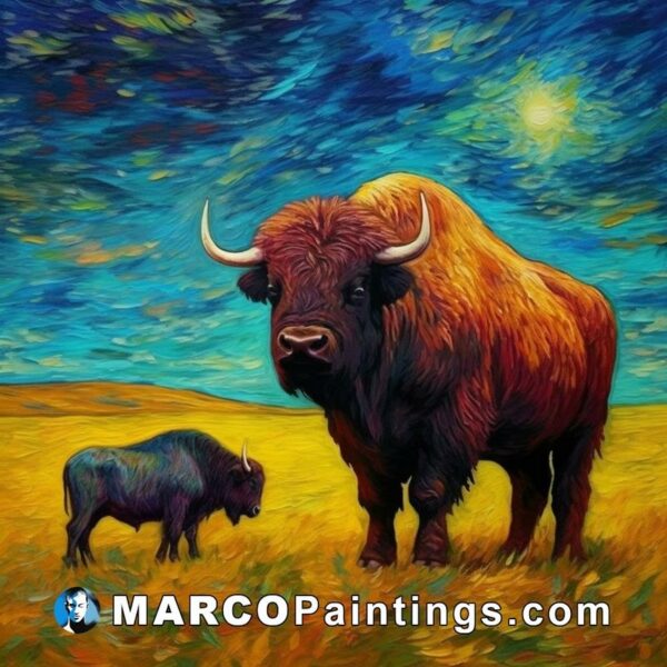 Painting of a bison with one of its calves