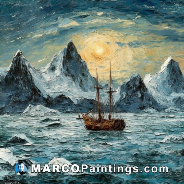 Painting of a boat in the icy ocean with snowy mountains