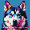 Painting of a colorful husky in front of a blue background