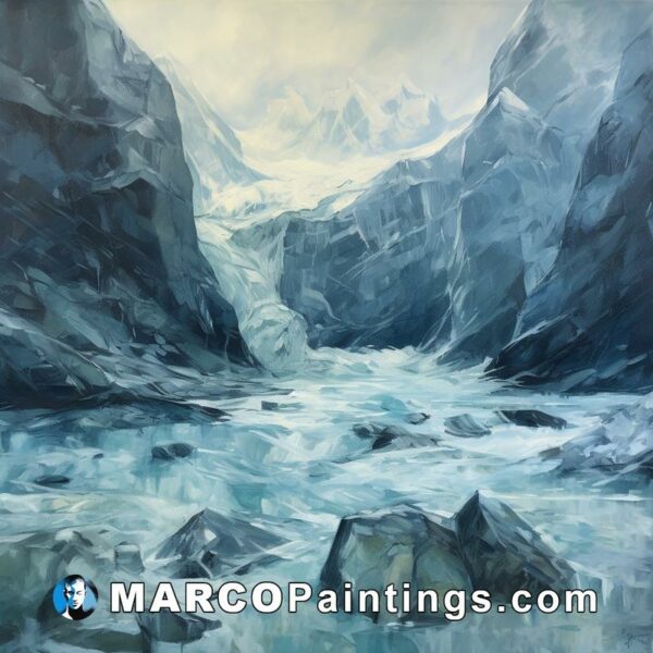 Painting of a glacier and rocks near waterfall