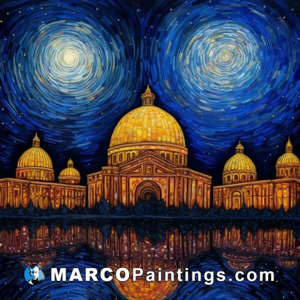 Painting of a golden dome with a red moon in the sky