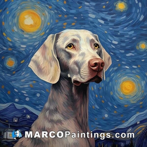 Painting of a grey weimaraner on starry night