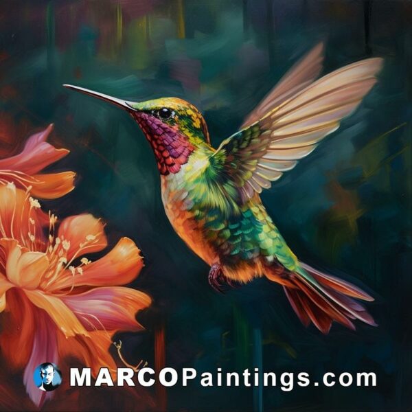Painting of a hummingbird flying to a flower