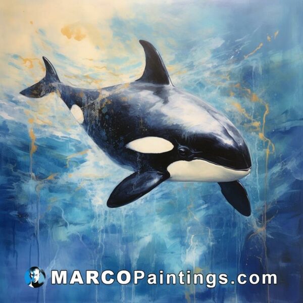 Painting of a killer whale with gold outlines in the water