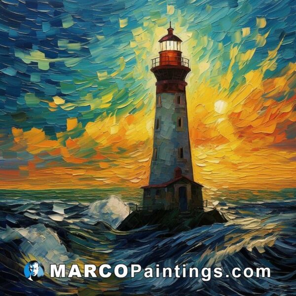 Painting of a lighthouse at the ocean sunset