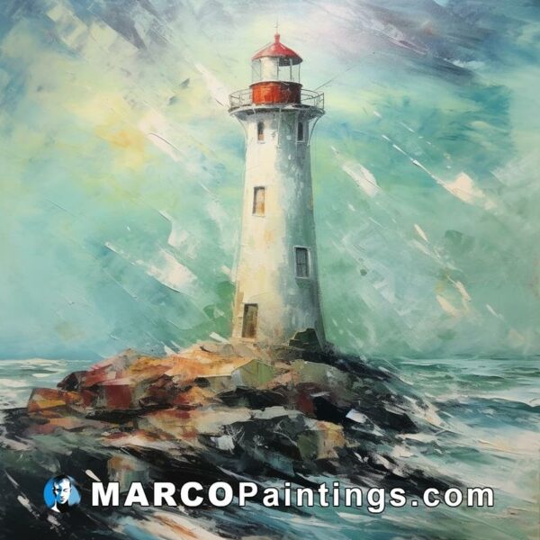 Painting of a lighthouse in the ocean
