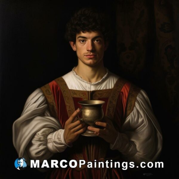 Painting of a man holding a gold bowl