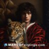 Painting of a man holding a tiger and a piece of artwork