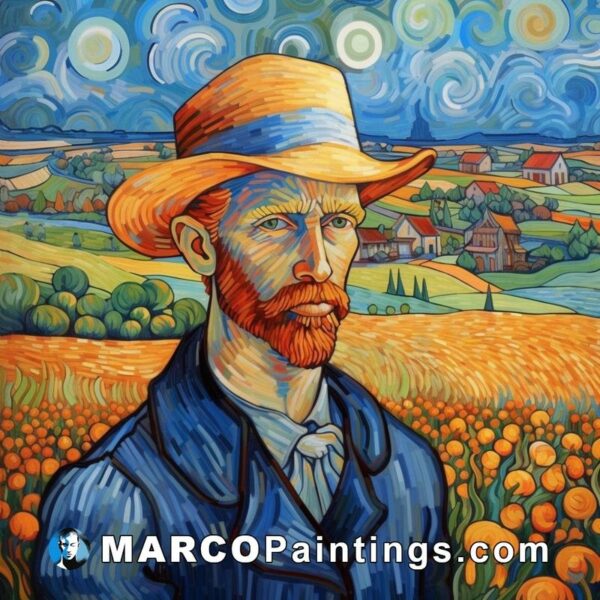 Painting of a man in a hat in an orange field