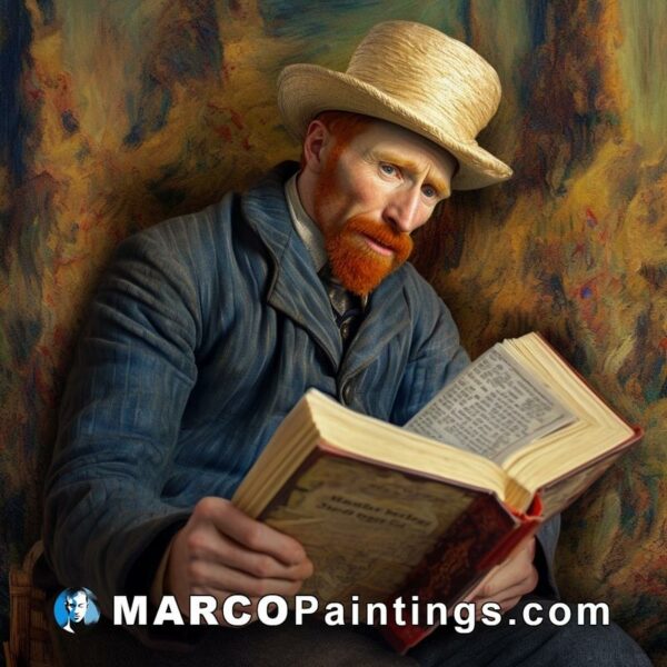 Painting of a man in a trench coat reading a book