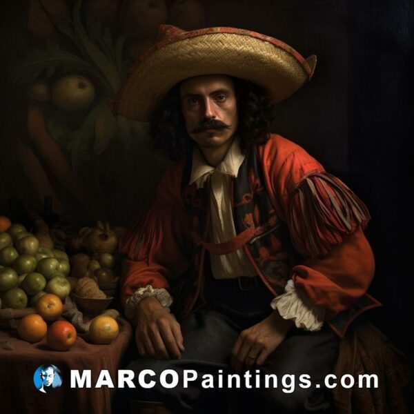 Painting of a mexican man sitting with fruit
