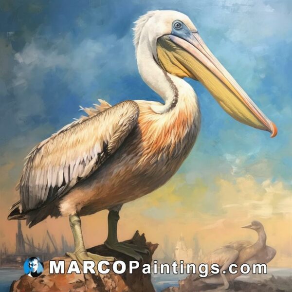 Painting of a pelican with other birds