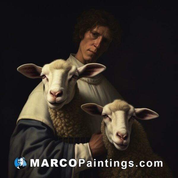 Painting of a priest holding two sheep