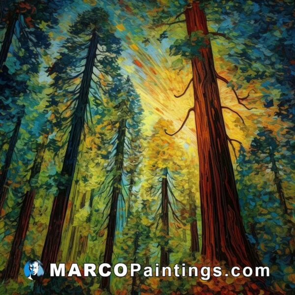 Painting of a scenic forest with redwood trees