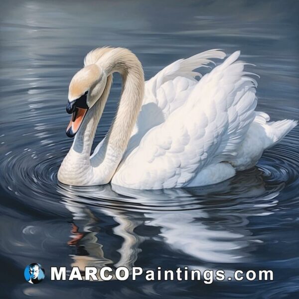 Painting of a white swan on a lake with reflections of ripples