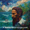Painting of an ocean scene with bearded man and fishing boat near rocky shore