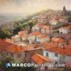 Painting of an old town with red tile roofs