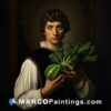 Painting of artist holding up an vegetables