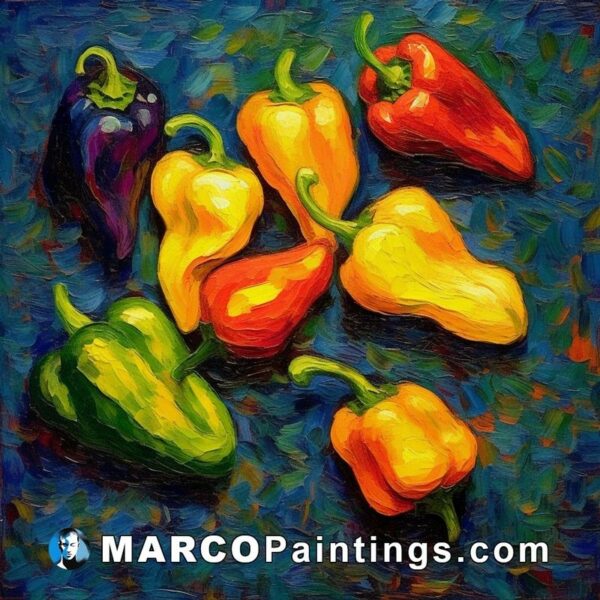 Painting of colorful bell peppers on blue canvas