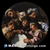 Painting of four people laughing over a plate