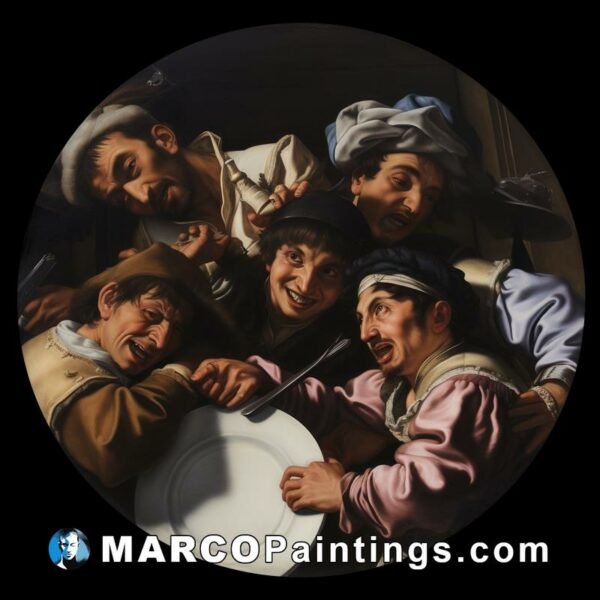 Painting of four people laughing over a plate